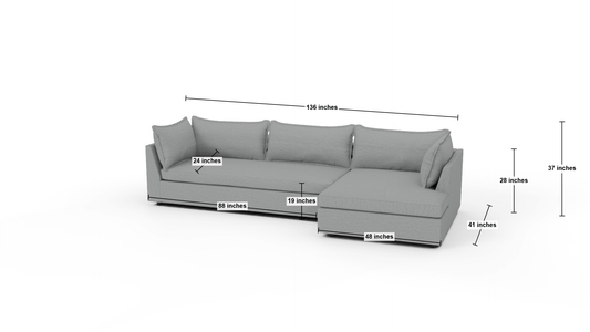 Cherrywood 136" Raf Chaise Sectional - Dimensions - Peyton Light Blue