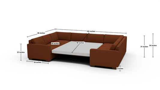 Track 141" Corner Sleeper Sofa U Sectional - Dimensions - Bellatrix Terracotta