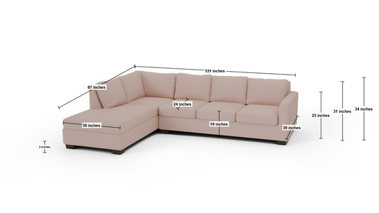 Track 121" Left Chaise Sectional - Dimensions - Elliot Blush