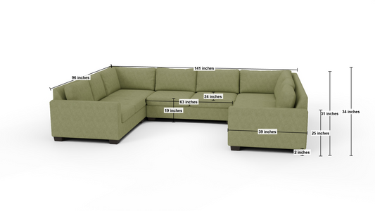 Track 141" Corner Sofa U Sectional - Dimensions - Elliot Celadon