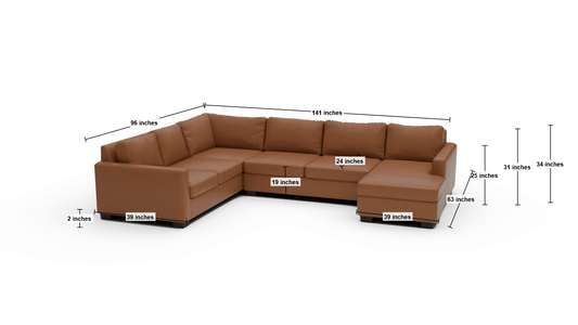 Track 141" Leather Corner Sectionals w. Right Chaise - Dimensions - Hudson Lager
