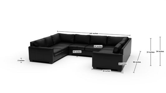 Track 141" Leather Corner Sofa U Sectional - Dimensions - Sonoma Black