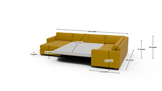 Track 141" Corner Sectionals W. Full Sleeper & Left Chaise - Dimensions - Sorrento Sunflower