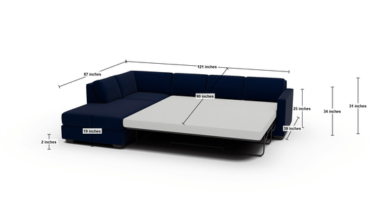 Track 121" Left Chaise Sleeper Sectional - Dimensions - Superb Cobalt