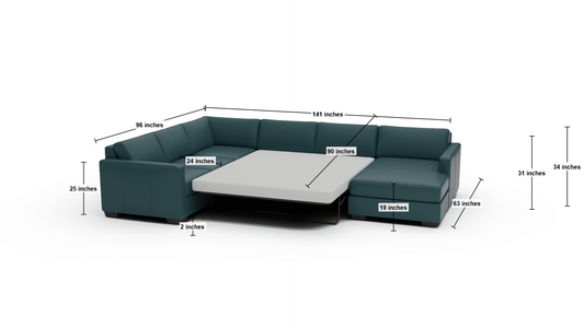 Track 141" Leather Corner Sectionals W. Full Sleeper & Right Chaise - Dimensions - Tribeca Lagoon
