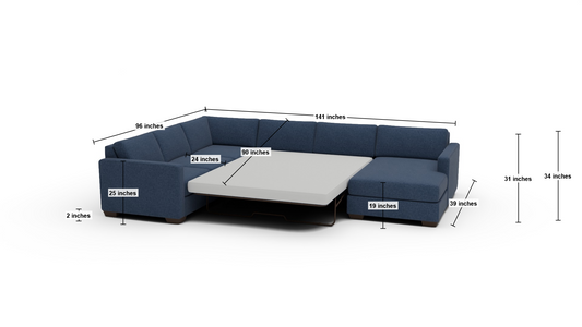 Track 141" Corner Sectionals W. Full Sleeper & Right Chaise - Dimensions - Wiley Ink