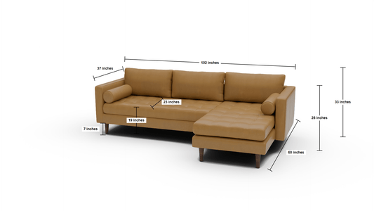 Ladybird 102" Leather Right Chaise Sectional - Dimensions
