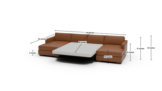 Track 141" Leather Double Chaise With Full Sleeper Loveseat - Dimensions - Hudson Lager