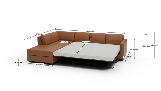 Track 121" Leather Left Chaise Sleeper Sectional - Dimensions - Hudson Lager