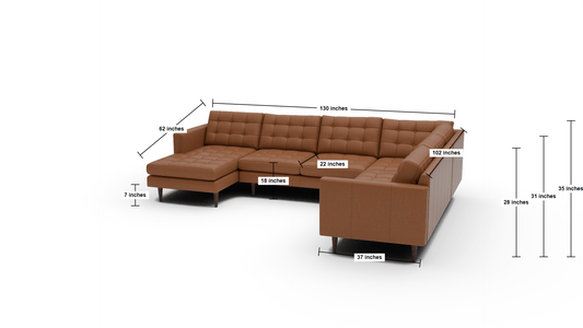 Wallace 130" Leather Corner Sectionals w. Left Chaise - Dimensions - Hudson Lager