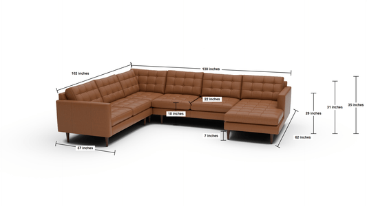 Wallace 130" Leather Corner Sectionals w. Right Chaise - Dimensions - Hudson Lager