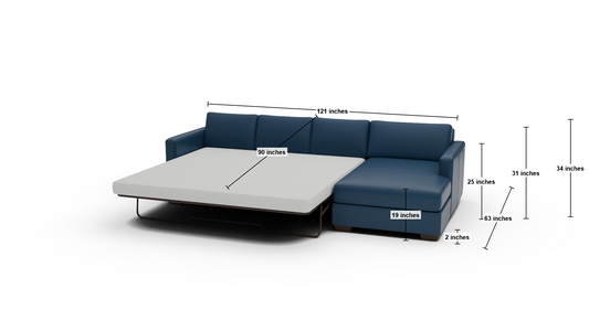 Track 121" Leather Right Chaise Sleeper Sectional - Dimensions - Tribeca Cobalt