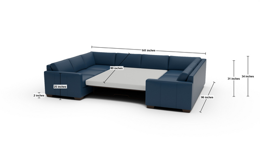 Track 141" Leather Corner Sofa Sleeper U Sectional - Dimensions - Tribeca Cobalt