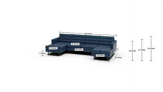 Wallace 126" Leather Double Chaise U Sectional - Dimensions - Tribeca Cobalt