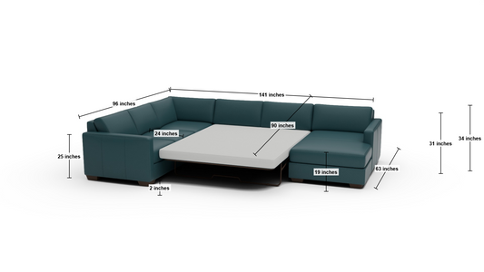 Track 141" Leather Corner Sectionals W. Full Sleeper & Right Chaise - Dimensions - Tribeca Lagoon