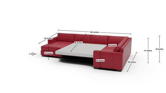 Track 141" Leather Corner Sectionals W. Full Sleeper & Left Chaise - Dimensions - Tribeca Scarlet