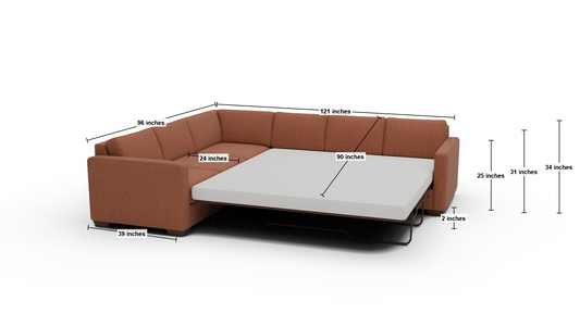 Track 121" Left Corner Sectional With Raf Sleeper Sectional - Dimensions - Wiley Rust